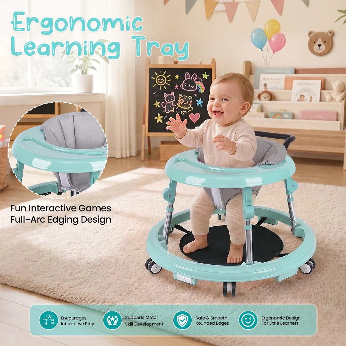 Foldable Baby Walker With Adjustable Height And Anti Slip Wheels