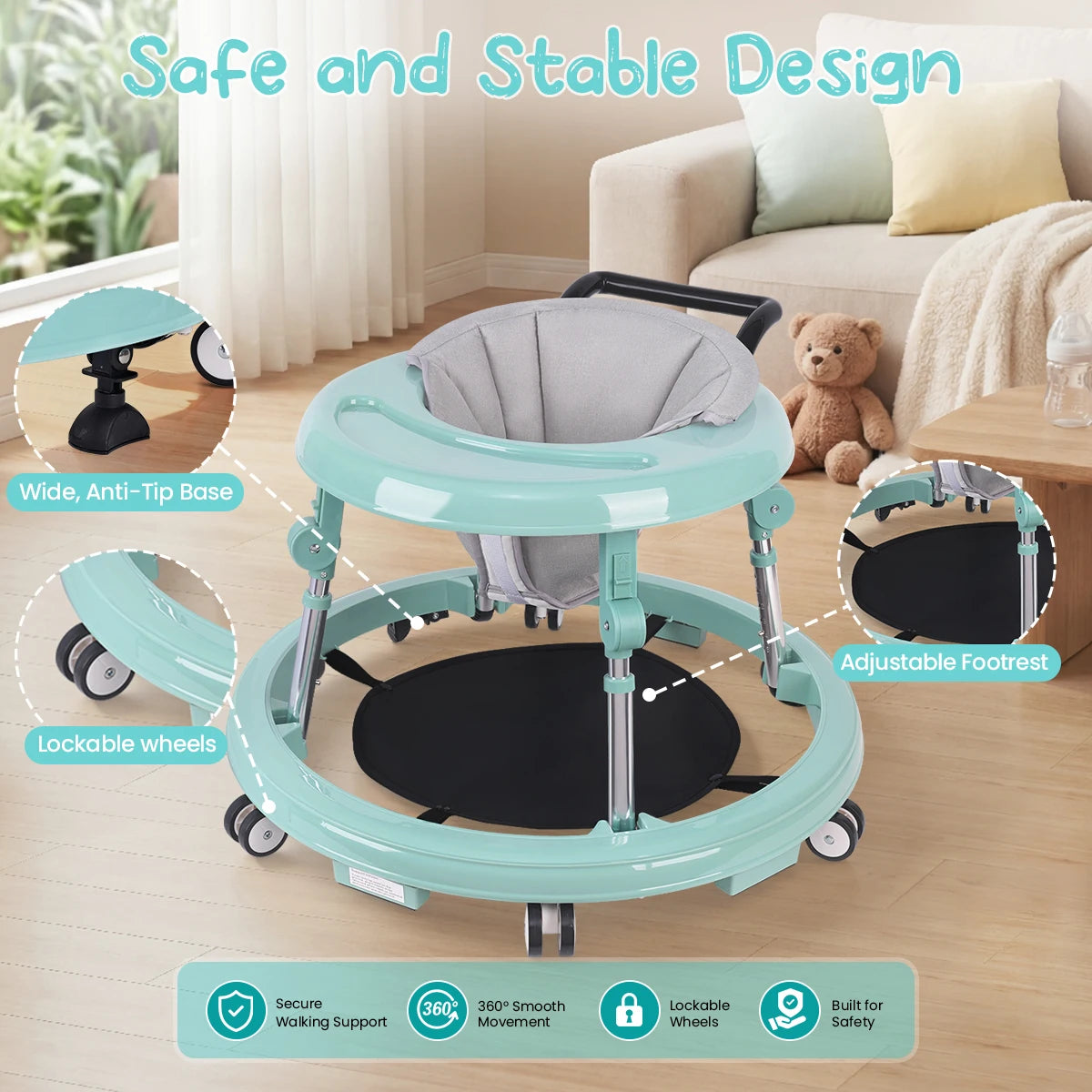 Foldable Baby Walker With Adjustable Height And Anti Slip Wheels