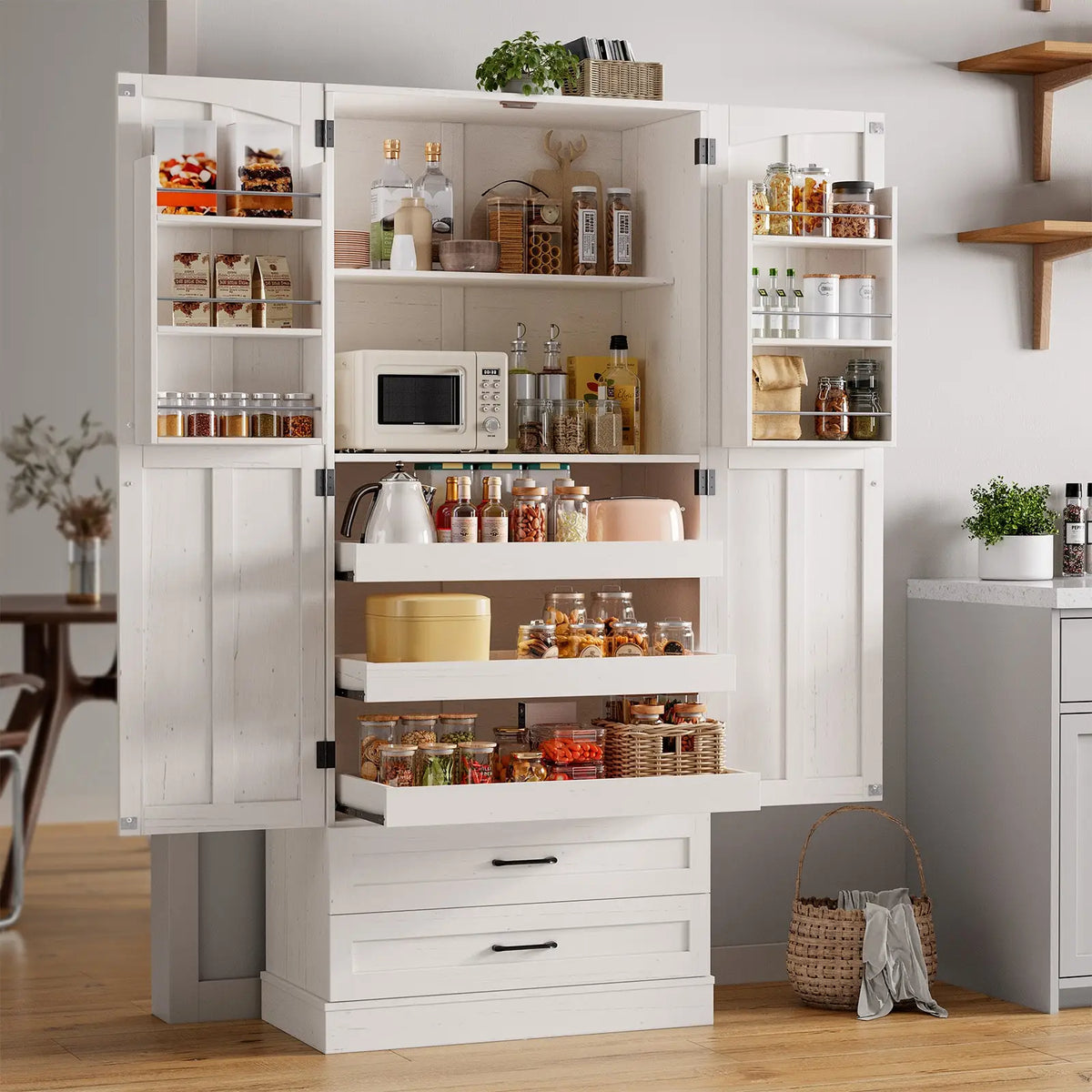 ONBRILL Farmhouse Kitchen Pantry Cabinet With Shelves And Six Doors