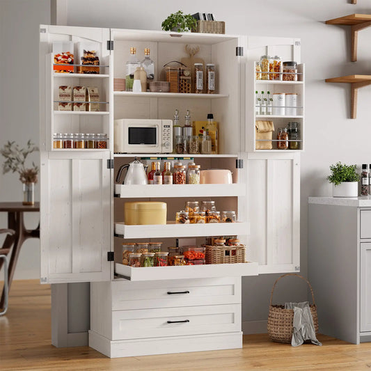 ONBRILL Farmhouse Kitchen Pantry Cabinet With Shelves And Six Doors