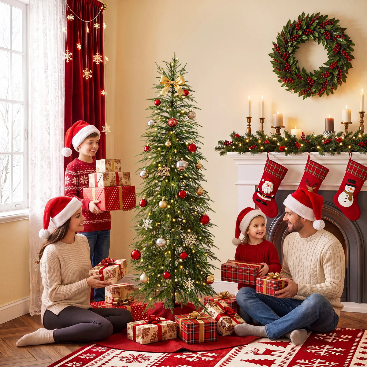 Artificial Pencil Christmas Tree, PE Realistic 6ft/7ft Prelit/unlit Slim Christmas Tree with Metal Stand, Holiday Indoor Decoration for Apartment Entryway Corner Office