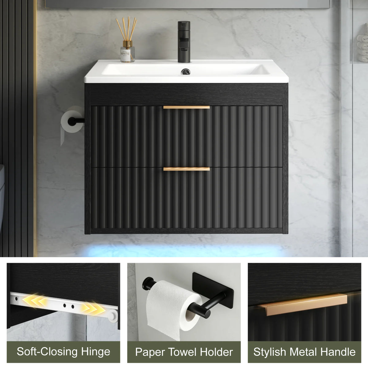 24' Floating Bathroom Vanity with Sink, Modern Wall Mounted Cabinet, 2 Drawers with Black Handles, for Bathroom/Laundry Room, White/Black