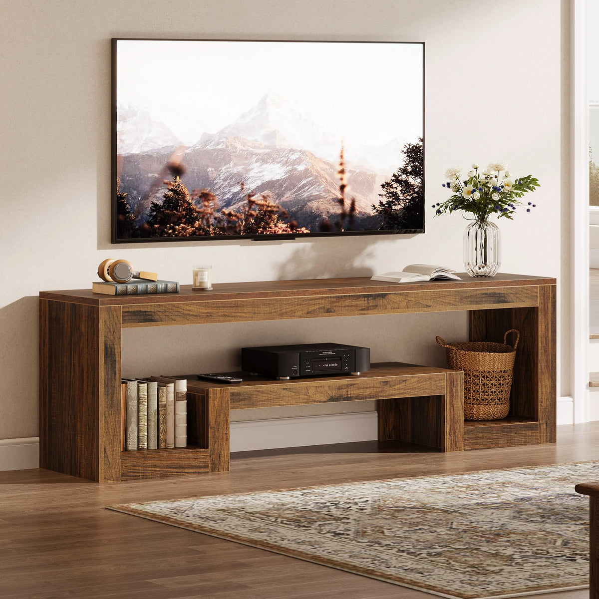 Tribesigns Rustic Farmhouse TV Stand With Open Storage Shelves