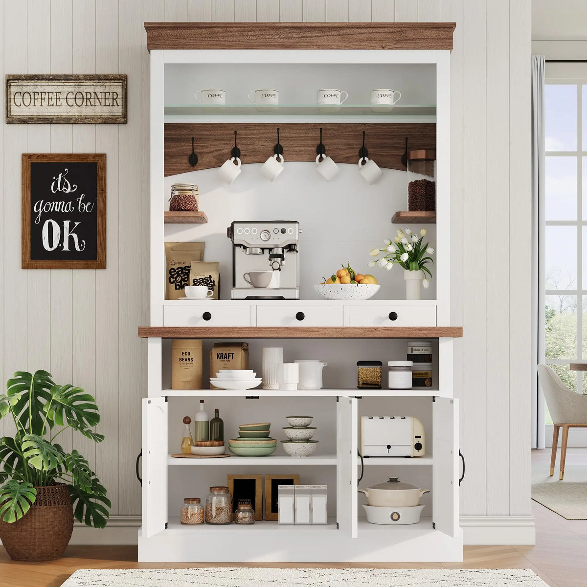 HiMISS Farmhouse Coffee Bar Cabinet With LED Lights And Storage