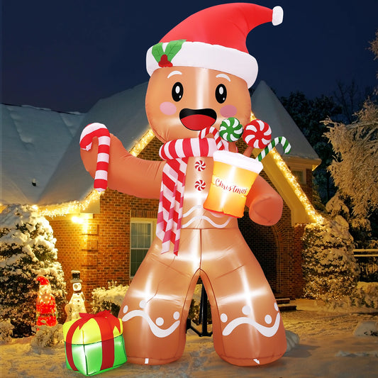 Inflatable Gingerbread Man Christmas Decoration 8FT Giant LED Lit for Indoor Outdoor Holiday Yard Lawn Garden with Built in Lights Blow Up Festival Party Event Display Supplies