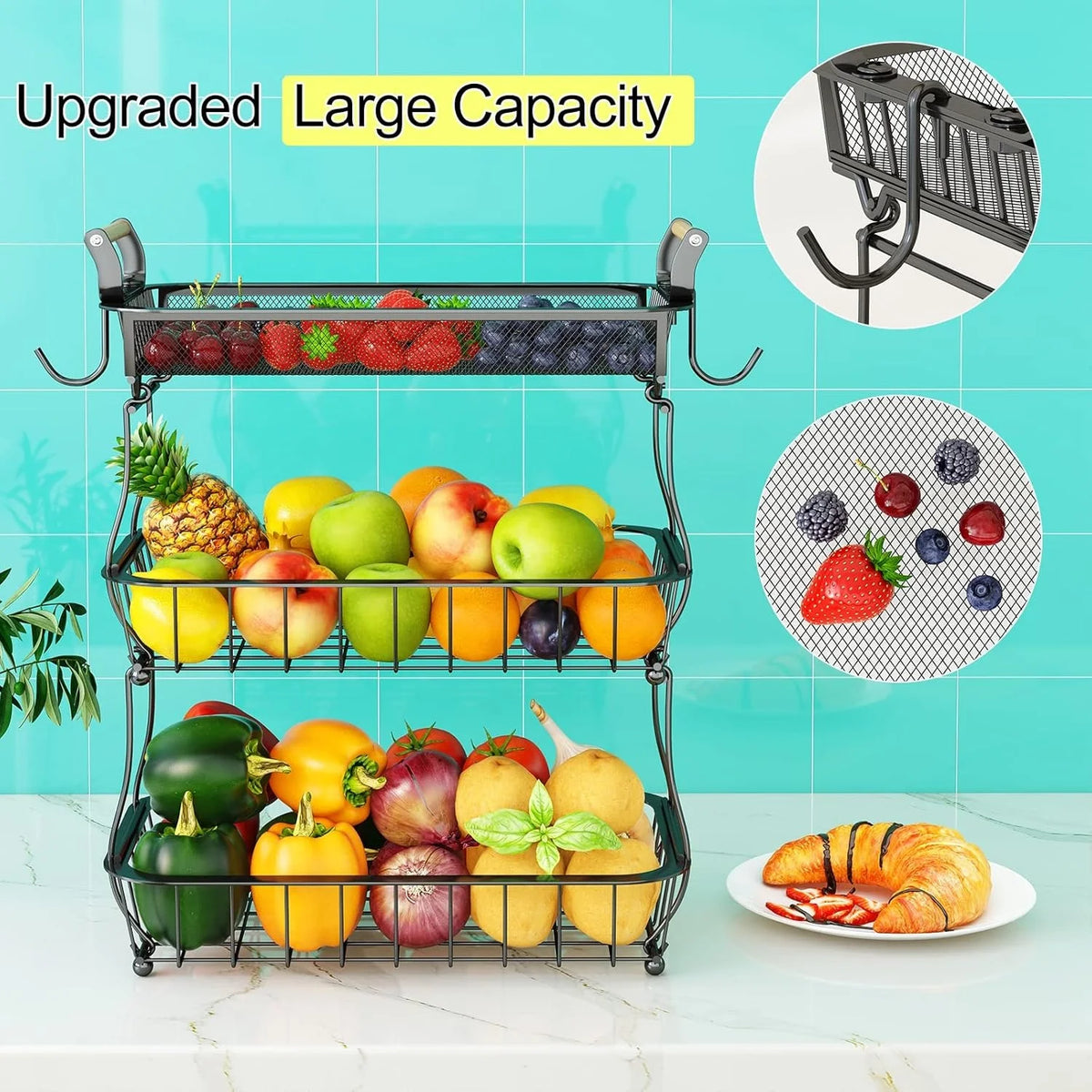 Three Tier Stainless Steel Fruit Basket With Banana Hangers