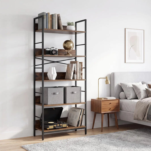 HiMISS Industrial Metal Frame Wooden Shelf Open Bookcase