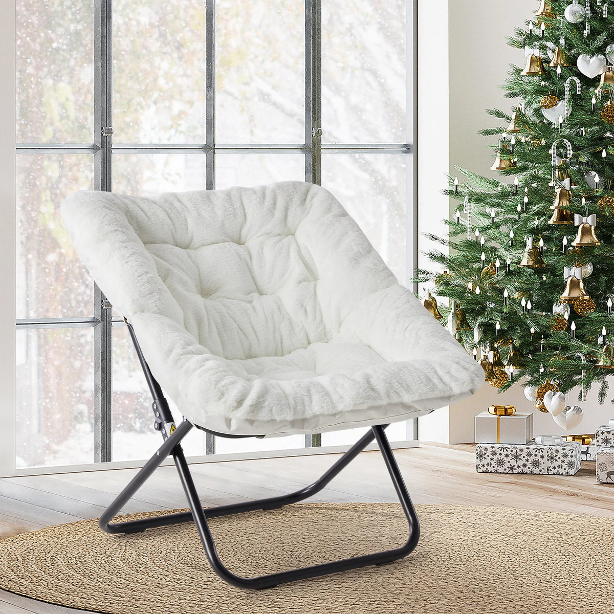 JHK Folding Faux Fur Saucer Chair With Padded Lounge Seat