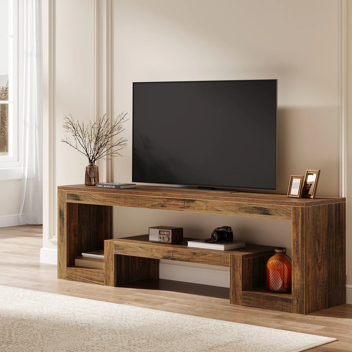 Tribesigns Rustic Farmhouse TV Stand With Open Storage Shelves