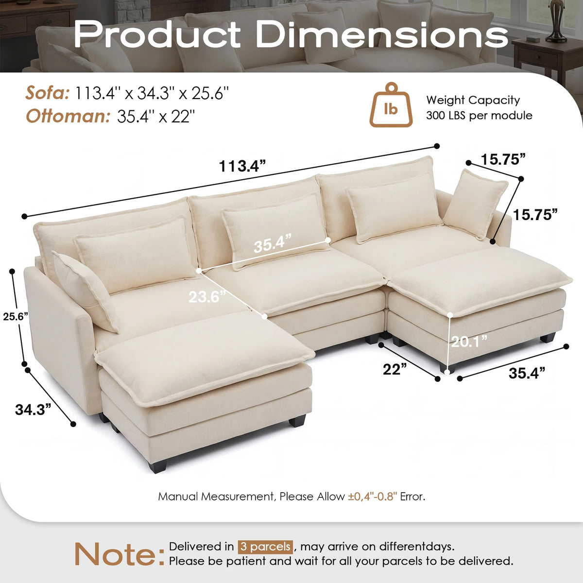Redlife Modular Sectional Sofa With Ottoman And Deep Seat Comfort