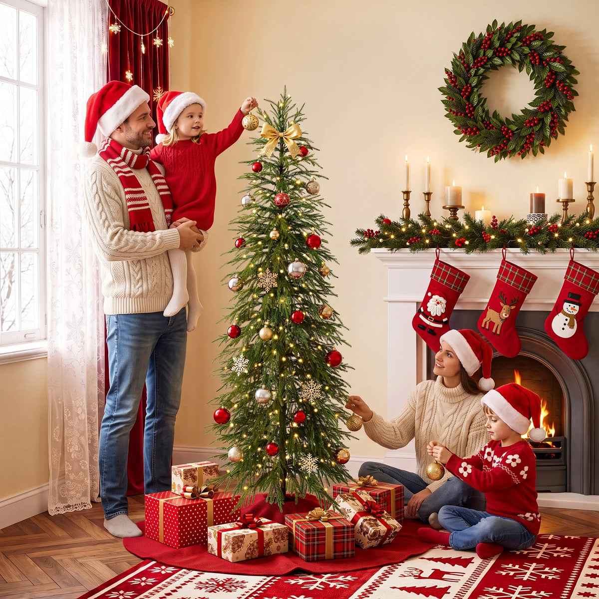 Artificial Pencil Christmas Tree, PE Realistic 6ft/7ft Prelit/unlit Slim Christmas Tree with Metal Stand, Holiday Indoor Decoration for Apartment Entryway Corner Office