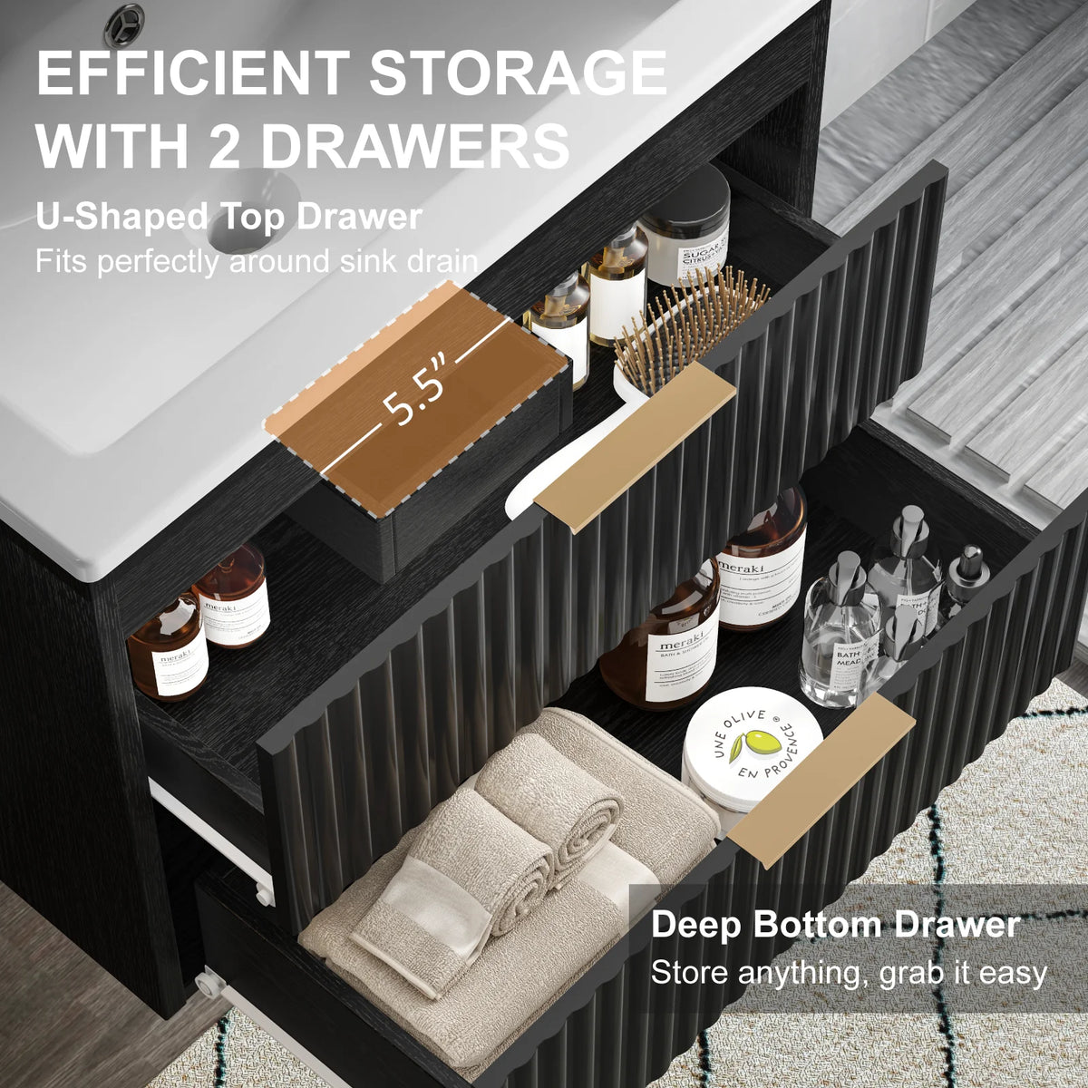 24' Floating Bathroom Vanity with Sink, Modern Wall Mounted Cabinet, 2 Drawers with Black Handles, for Bathroom/Laundry Room, White/Black