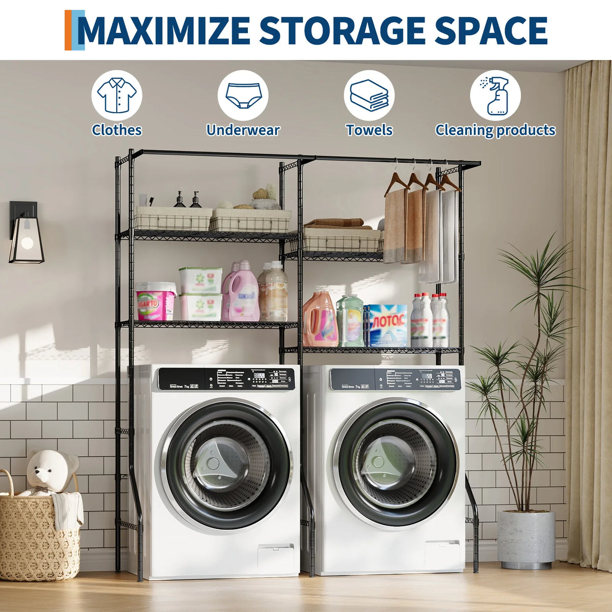Bathroom Toilet Storage Rack, Over Washer and Dryer Storage Shelf, Balcony Washing Machine Shelf, Multi-Layer Metal Storage Rack