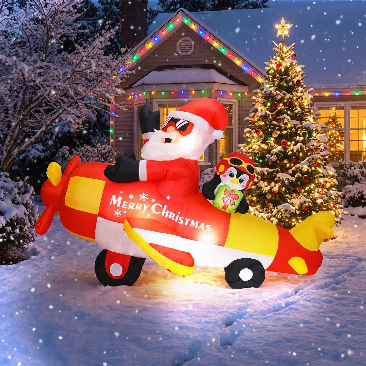 Christmas Inflatable Santa Driving Penguin Airplane 8ft Outdoor Decoration Festive Airblown Holiday Yard Decor for Lawn and Christmas Party Winter Festival Night Atmosphere Setup