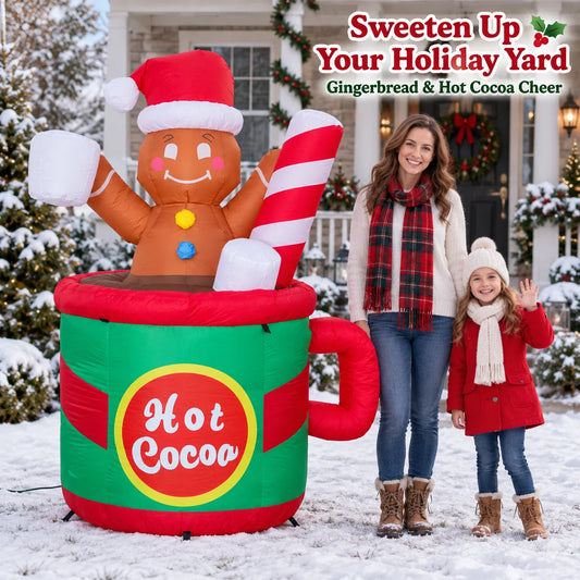 6FT Inflatable Gingerbread Man Christmas Decorations in Hot Cocoa Mug with LED Lights Blow up Yard Decor for Indoor Outdoor Garden Lawn Holiday Party Decor Lovely Coffee Store Display Fast Shipping