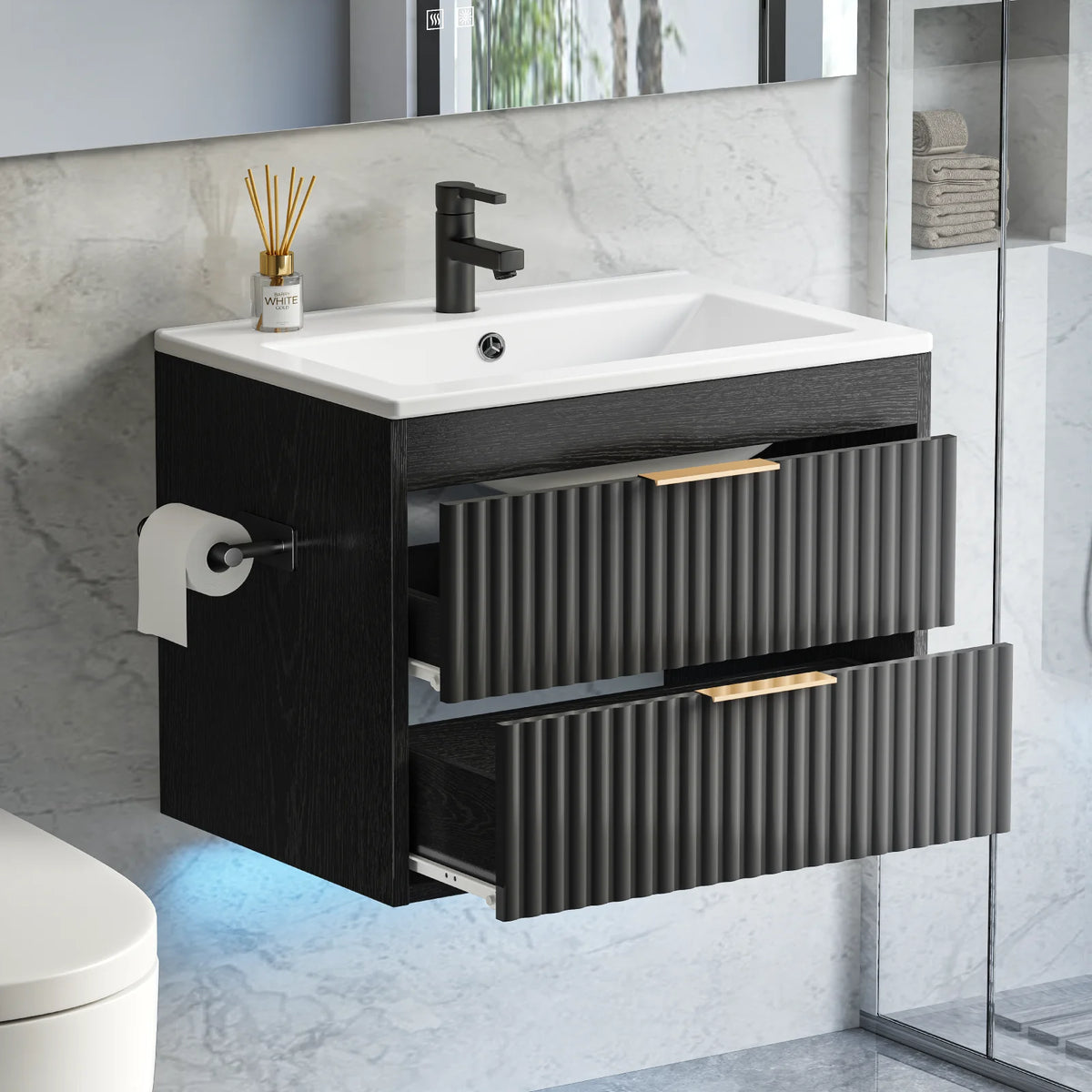 24' Floating Bathroom Vanity with Sink, Modern Wall Mounted Cabinet, 2 Drawers with Black Handles, for Bathroom/Laundry Room, White/Black