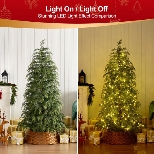 Pre-Lit Cypress Artificial Christmas Tree with Woven Basket/ Metal Stand, Christmas Tree with 30/70/100/350/500 Warm White Twinkling LEDs, Full Lush Branches, Ideal for Indoor Holiday Decor