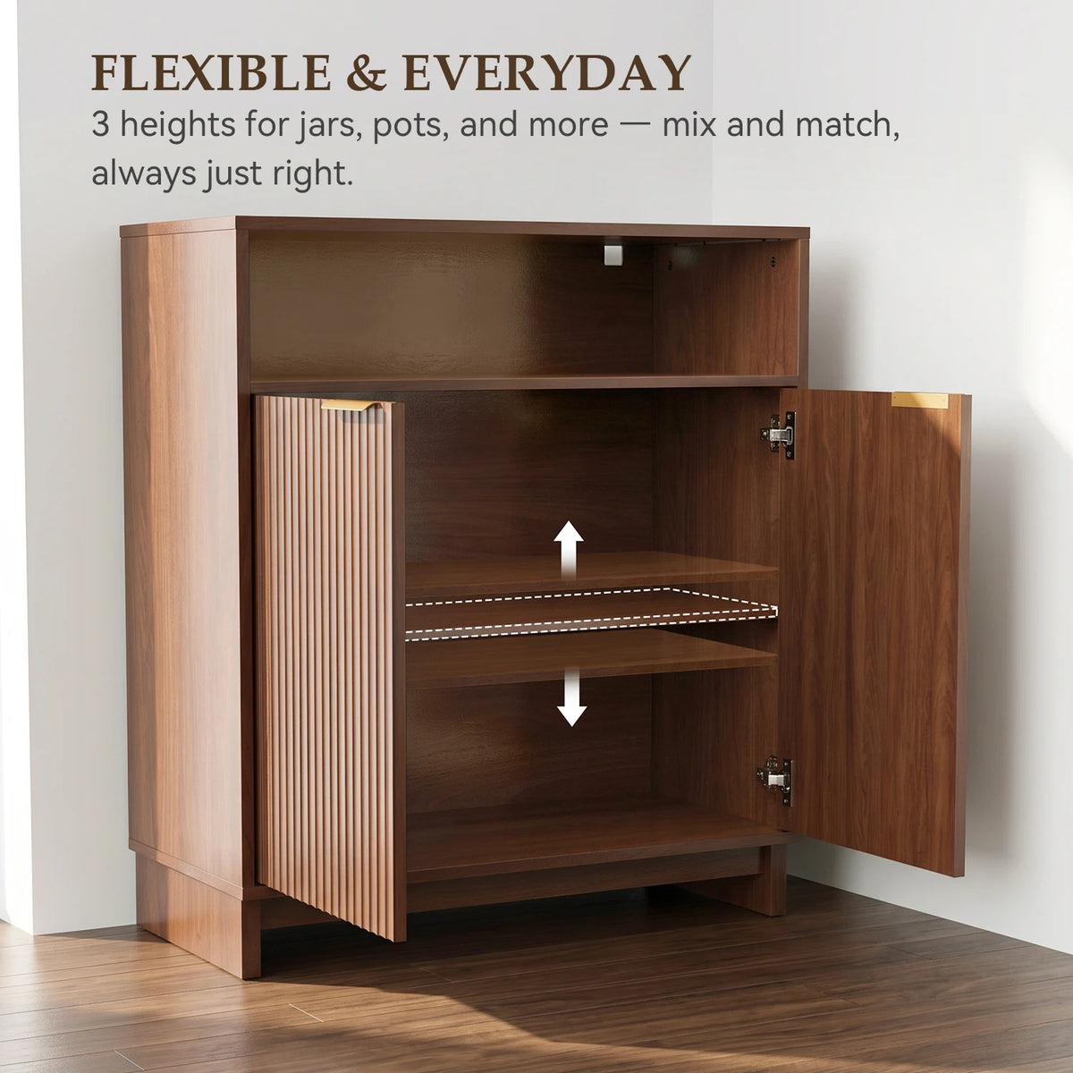 TinyNest Fluted Wood Kitchen Sideboard Buffet Cabinet With Adjustable Shelves