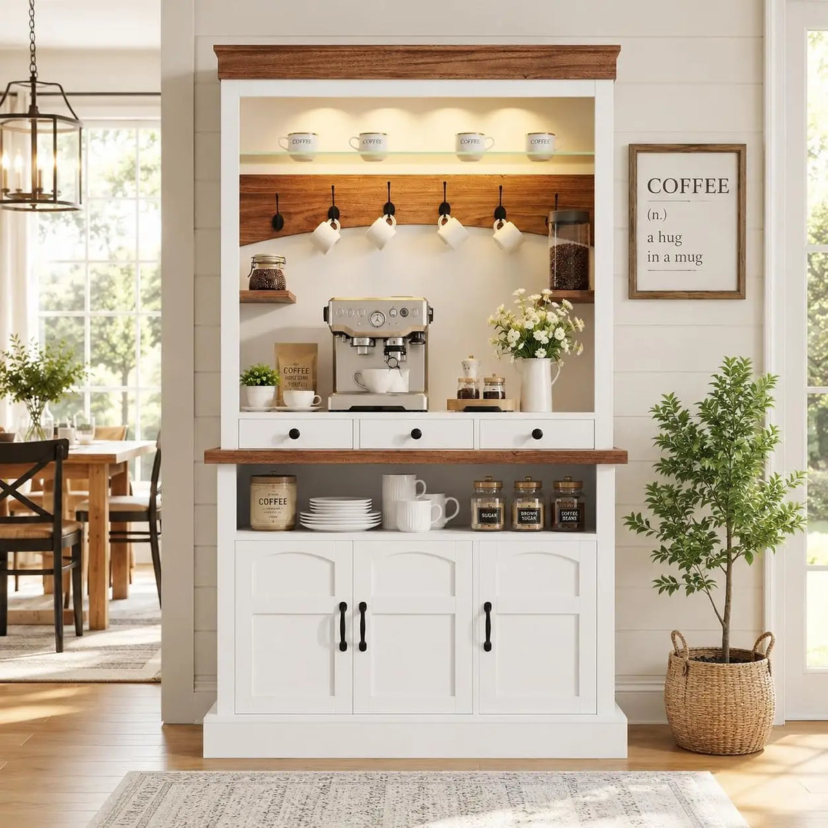 HiMISS Farmhouse Coffee Bar Cabinet With LED Lights And Storage
