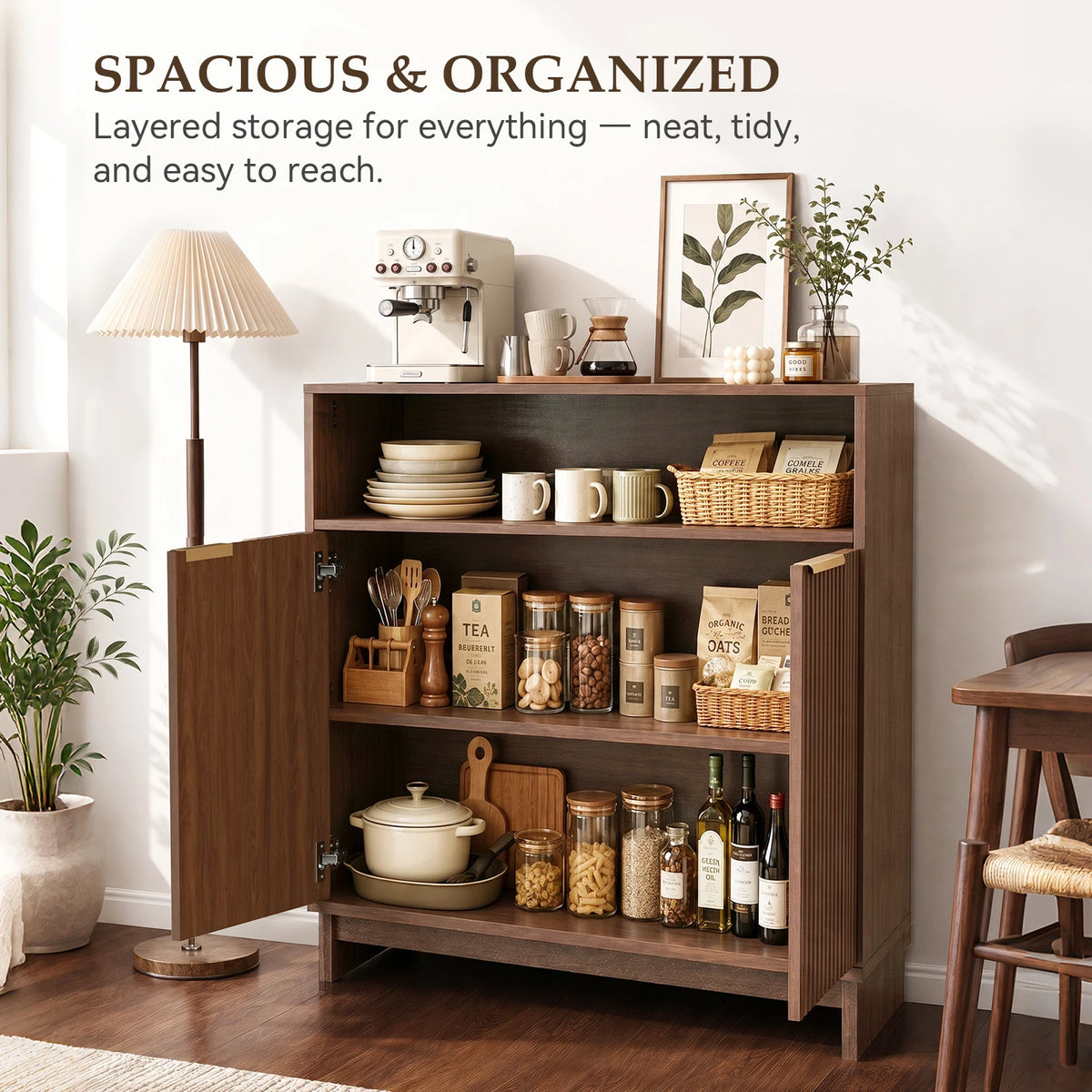 TinyNest Fluted Wood Kitchen Sideboard Buffet Cabinet With Adjustable Shelves