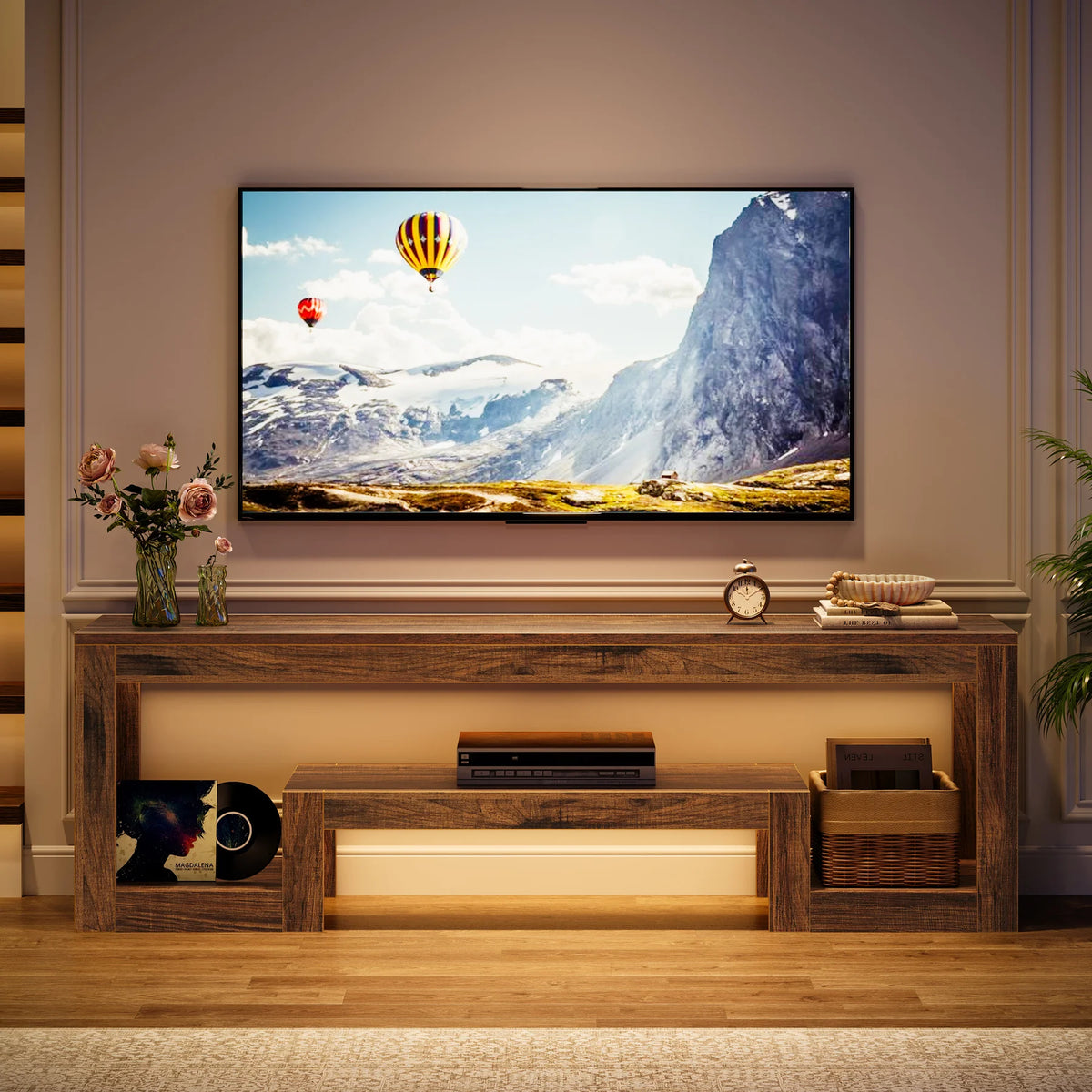 Tribesigns Rustic Farmhouse TV Stand With Open Storage Shelves