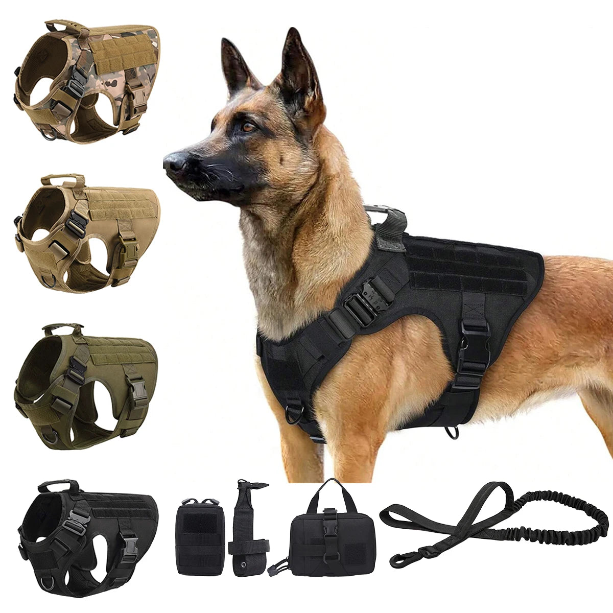 PETRAVEL Tactical Dog Harness with Collar Leash and Molle Pouches