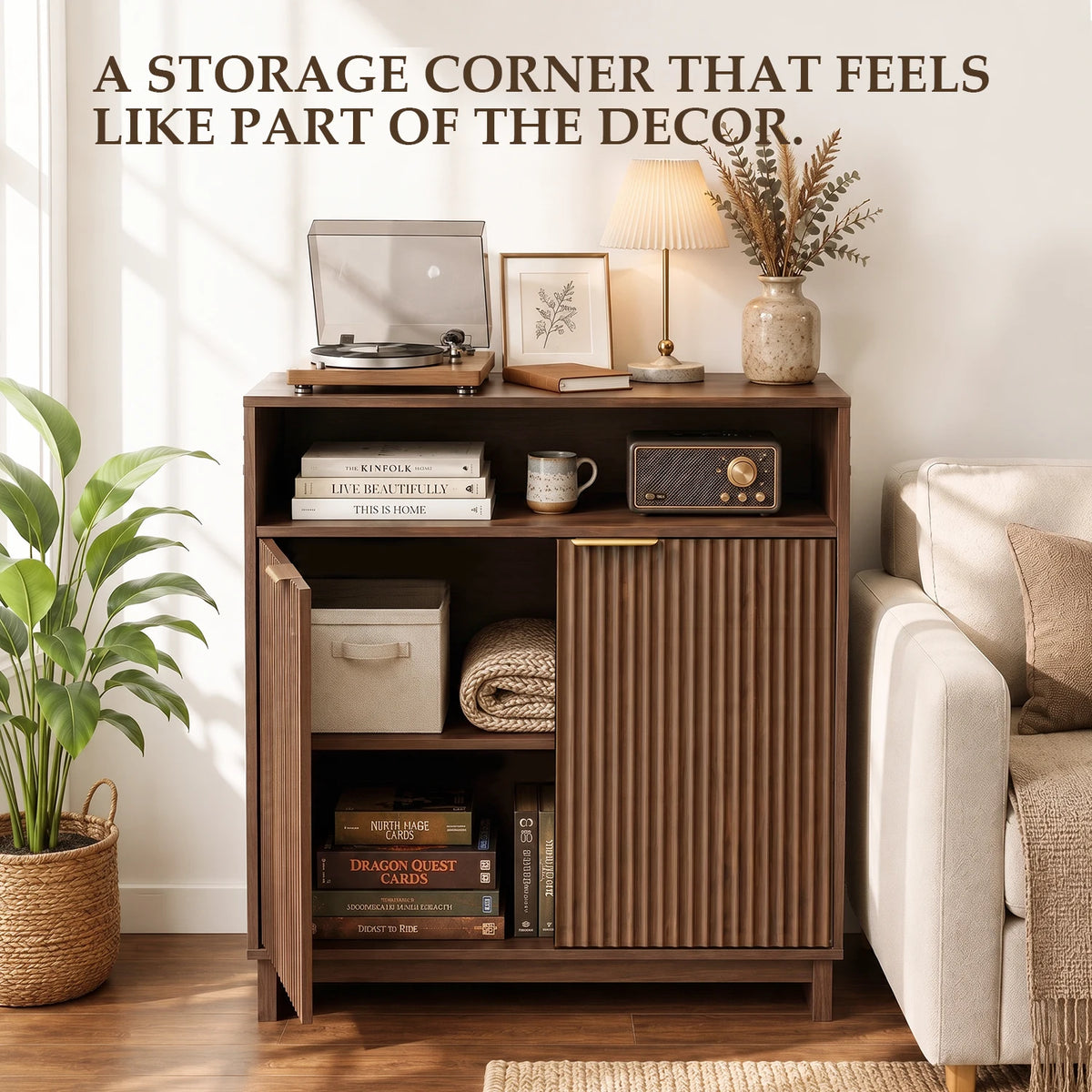 TinyNest Fluted Wood Kitchen Sideboard Buffet Cabinet With Adjustable Shelves