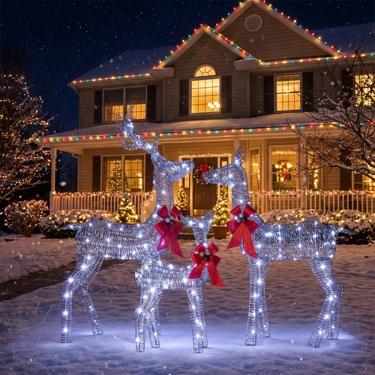 5FT Lighted Christmas Deer Family Set 3 Piece Outdoor Yard Decoration Large Holiday Lawn Display Warm White LED Look Weather Resistant for Porch Patio and Garden Winter Festival Party Supplies