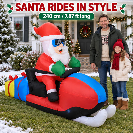 Christmas 8FT Inflatable Santa on Snowmobile with Sunglasses and Gift Boxes LED Lights Blow Up Yard Decor for Outdoor Garden Lawn Holiday Party  Xmas Fashion Decorations