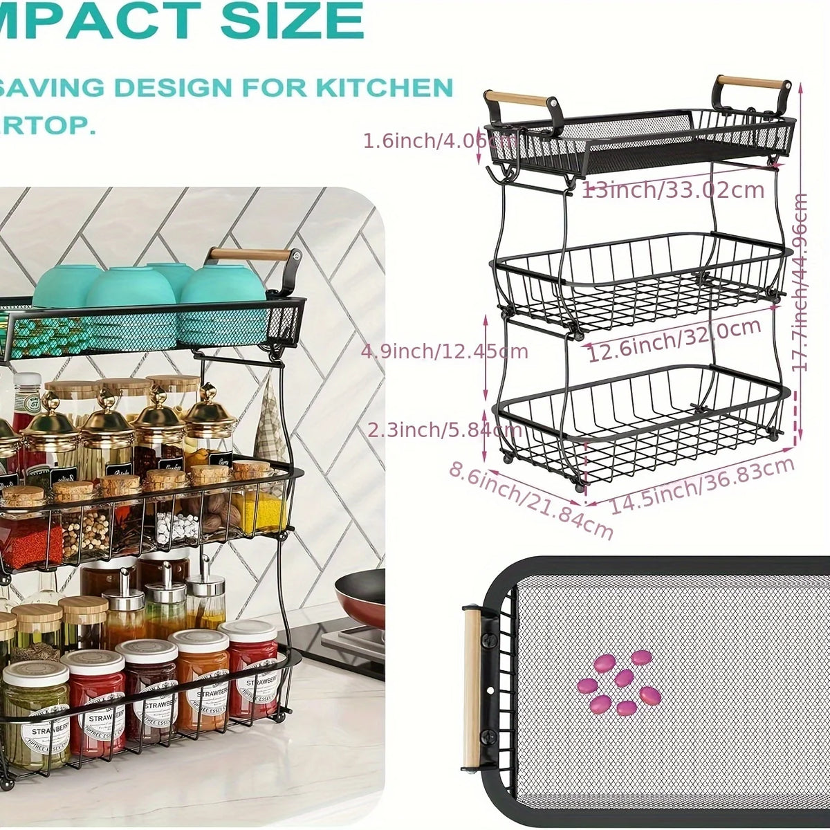 Three Tier Stainless Steel Fruit Basket With Banana Hangers