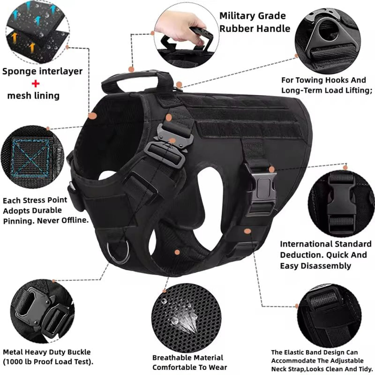 PETRAVEL Tactical Dog Harness with Collar Leash and Molle Pouches