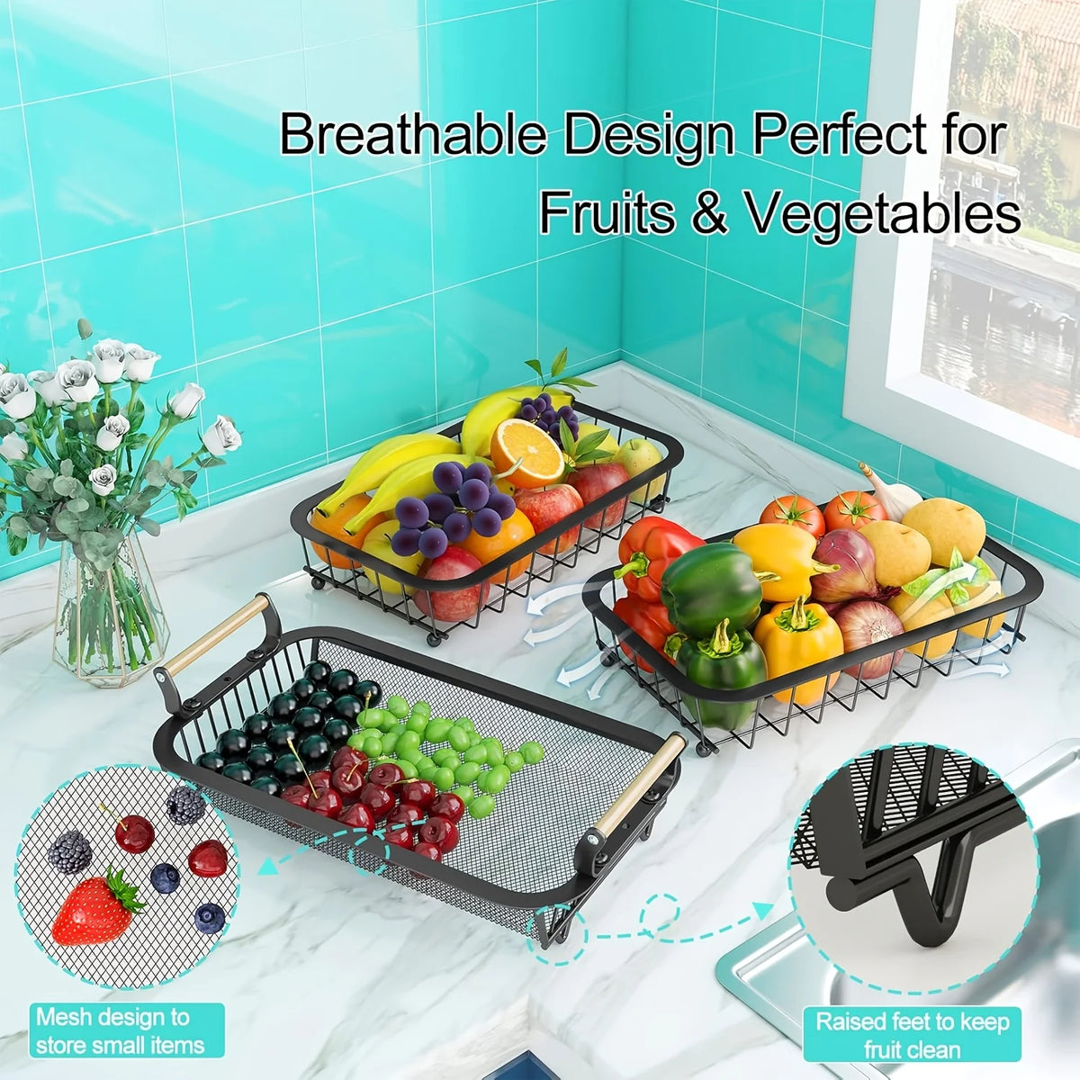 Three Tier Stainless Steel Fruit Basket With Banana Hangers