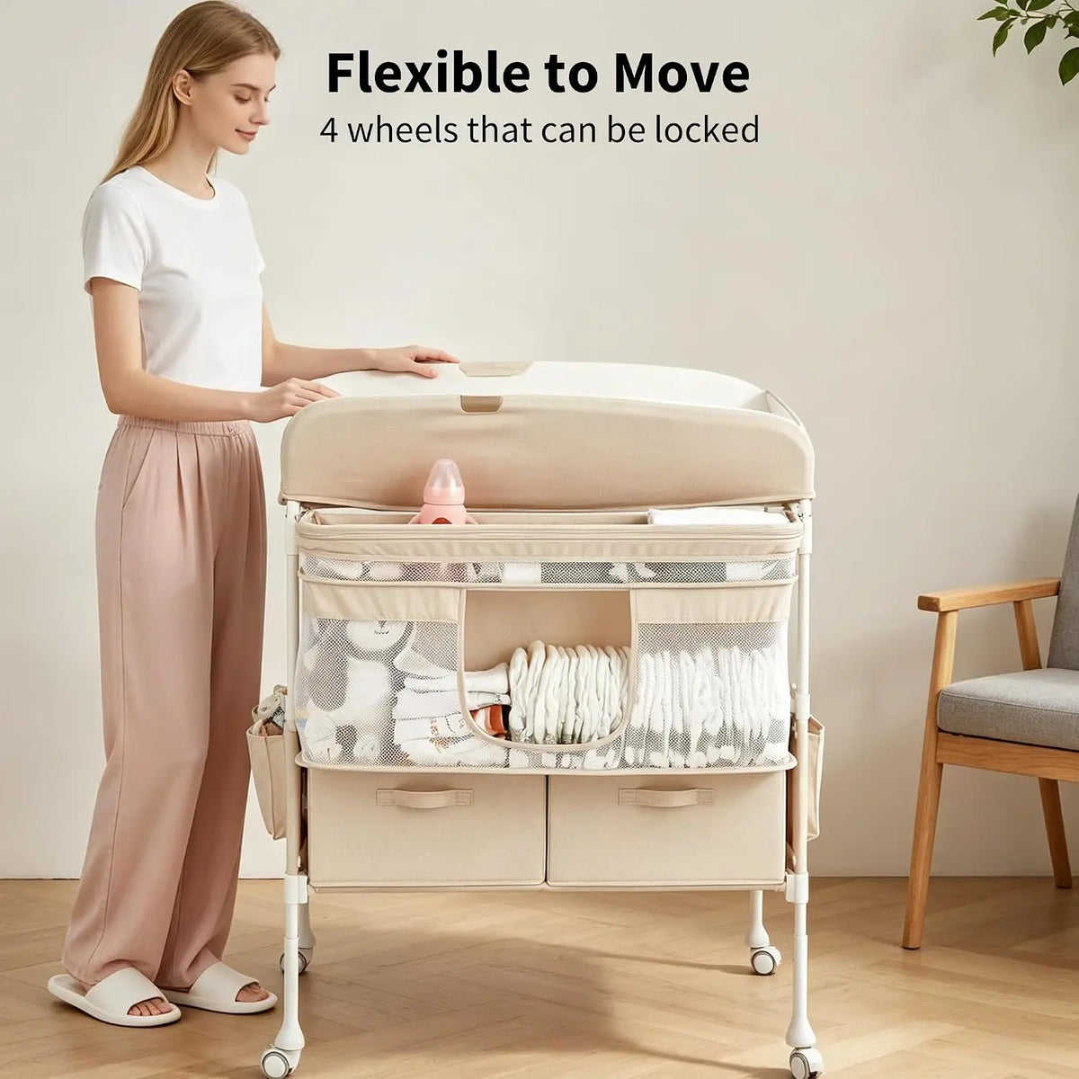 Portable Baby Changing Table With Wheels And Storage Drawers
