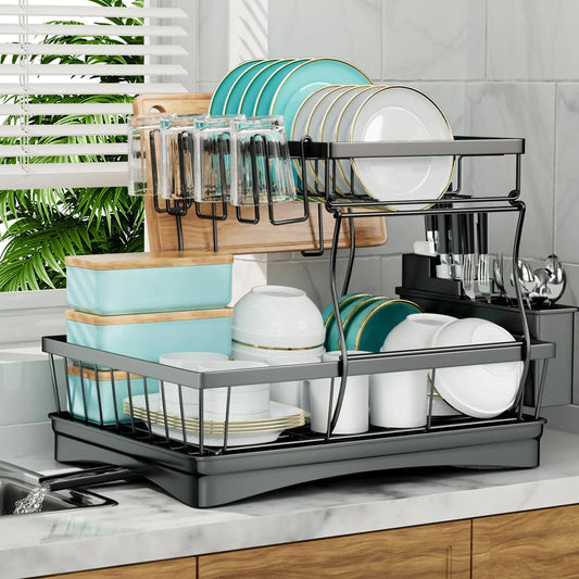Two Tier Metal Dish Drying Rack With Removable Draining Rack