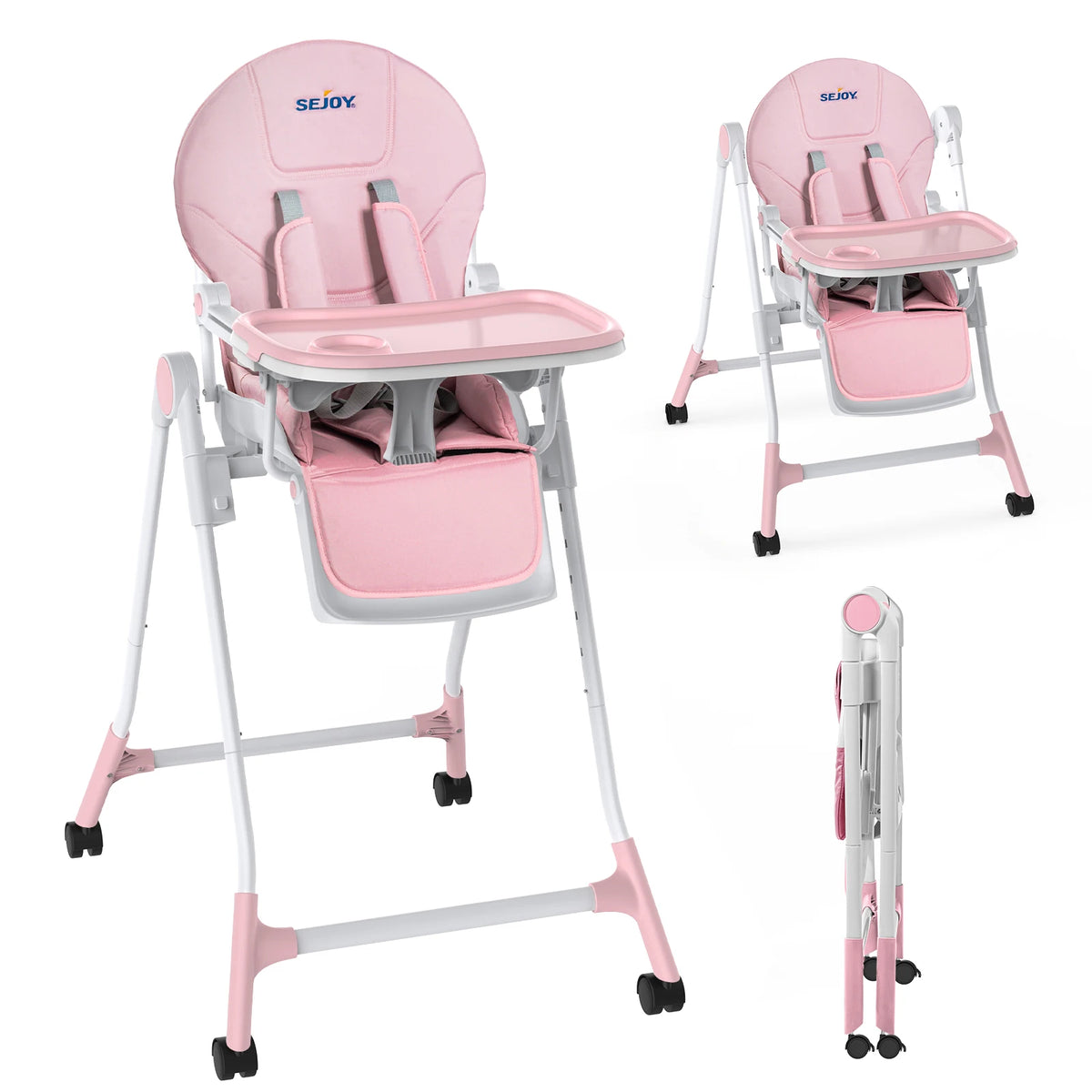 SEJOY Adjustable Baby High Chair With Safety Harness And Tray