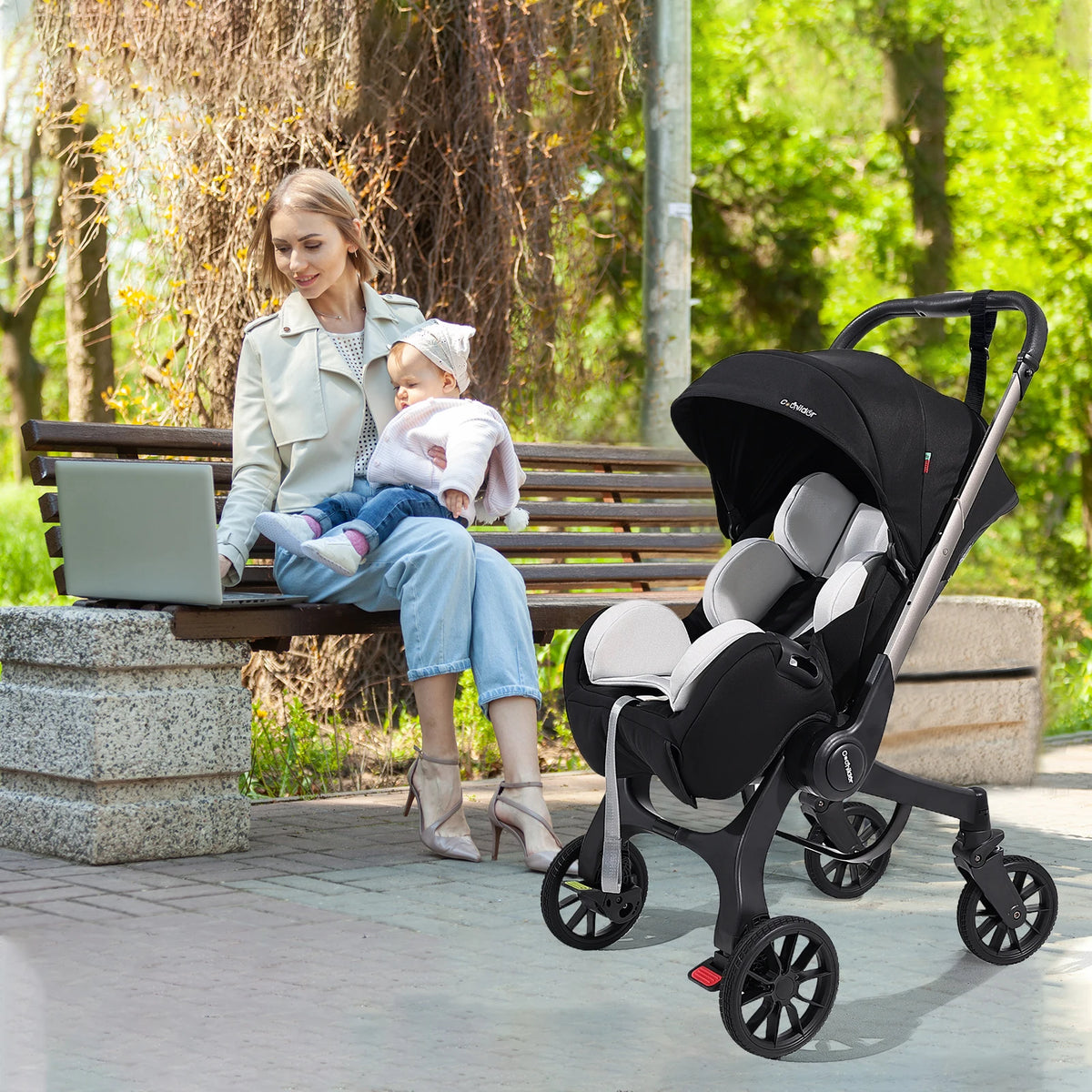 Cochildor Foldable Four Wheel Stroller With Comfortable Fabric Seat