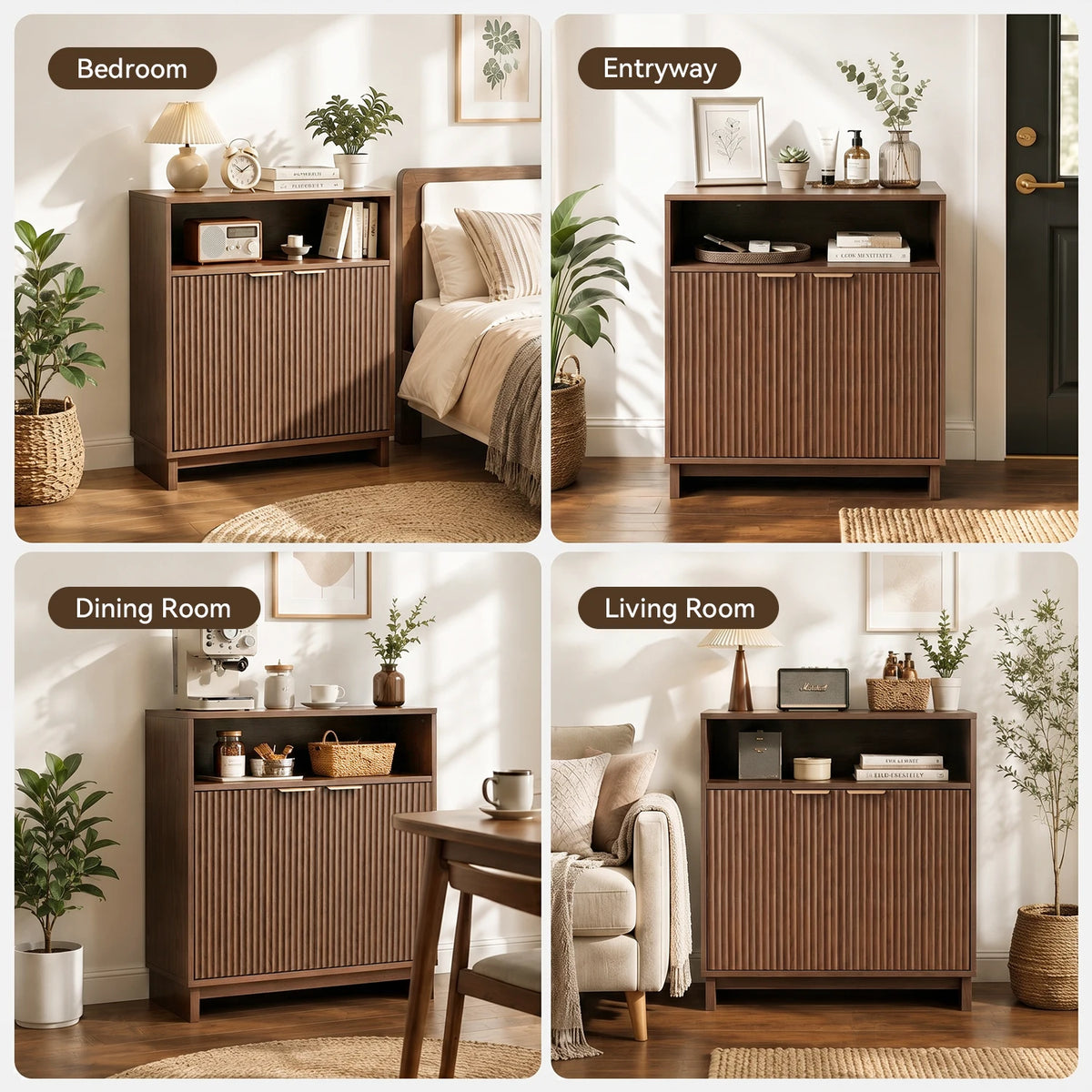TinyNest Fluted Wood Kitchen Sideboard Buffet Cabinet With Adjustable Shelves