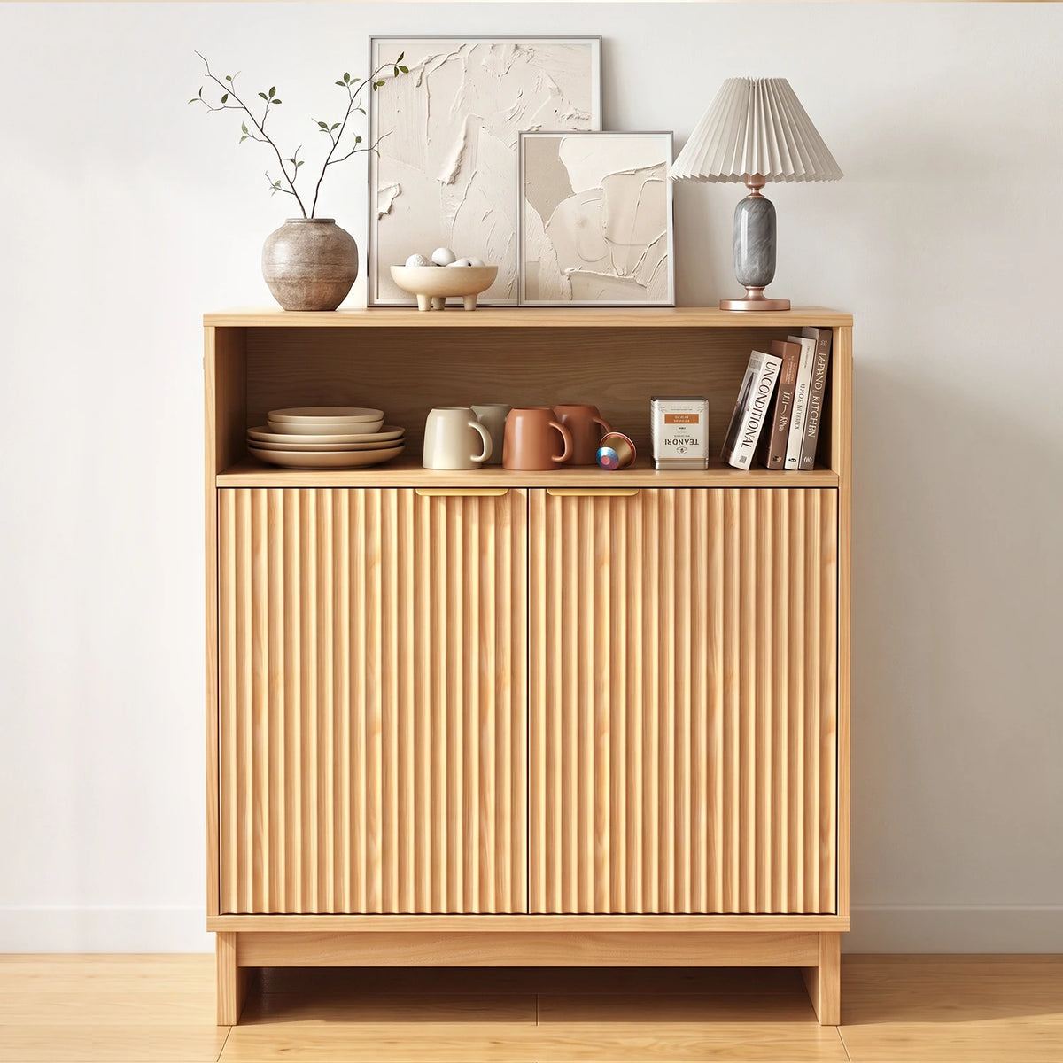 TinyNest Fluted Wood Kitchen Sideboard Buffet Cabinet With Adjustable Shelves