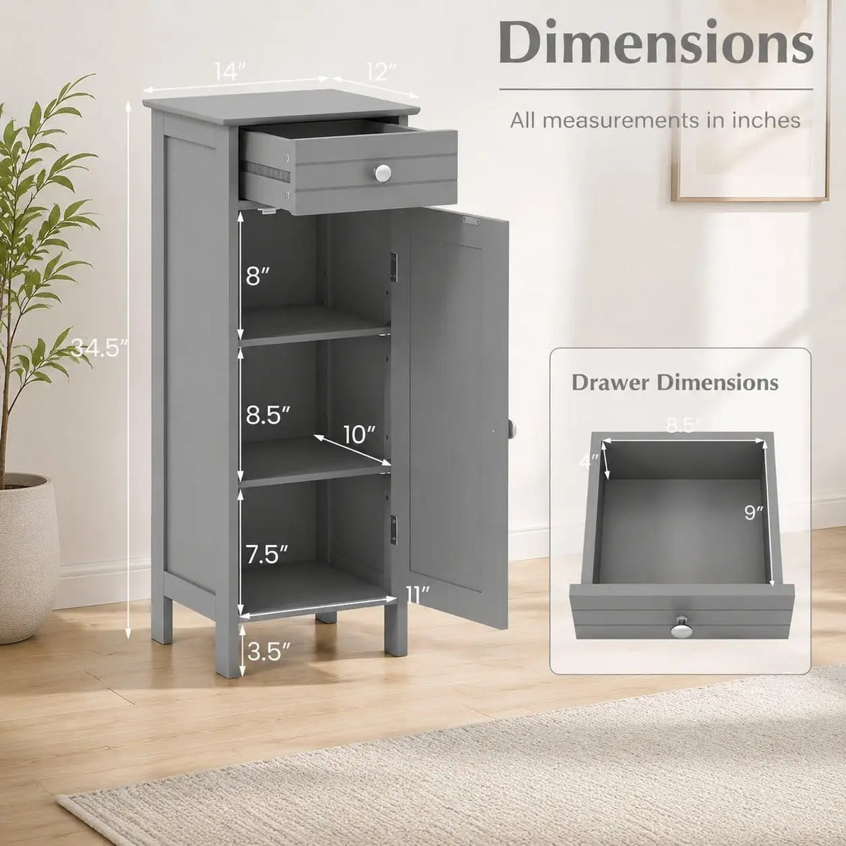 Bathroom Cabinet, Narrow FreeStanding Space-Saving Storage Organizer | Multifunctional Narrow Side Storage floor Cabinet for Bathroom,Laundry Room, Kitchen
