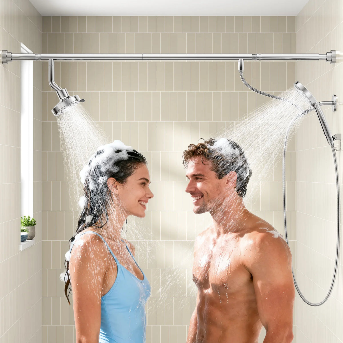 Tandem Shower Head For Couples, Dual Shower Head with Handheld, High Pressure Double Shower Heads for Two People Rod