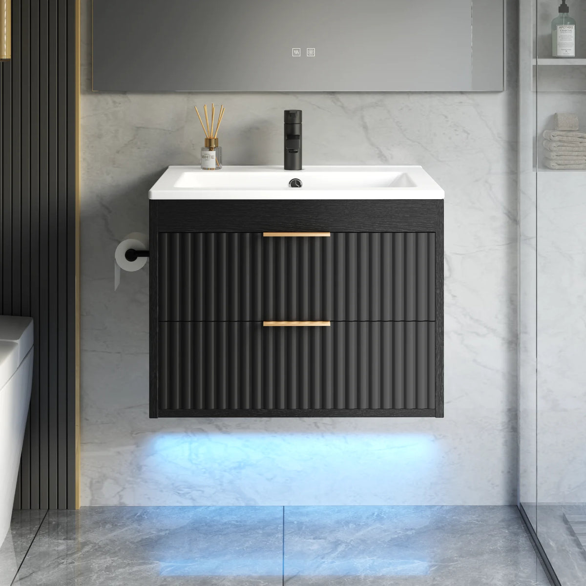 24' Floating Bathroom Vanity with Sink, Modern Wall Mounted Cabinet, 2 Drawers with Black Handles, for Bathroom/Laundry Room, White/Black