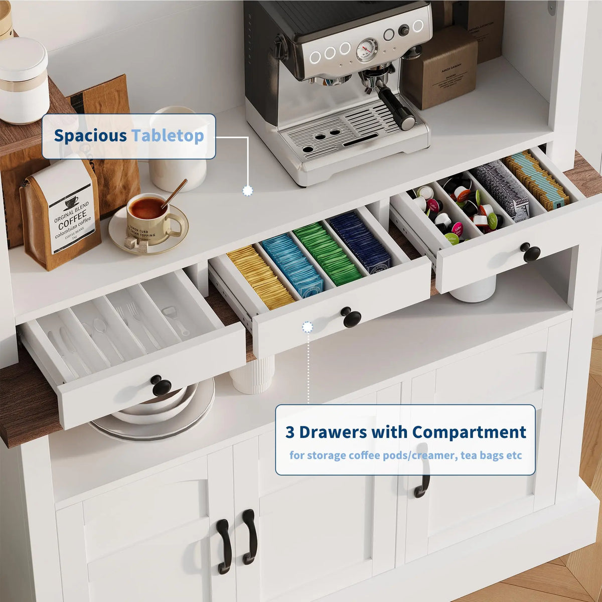 HiMISS Farmhouse Coffee Bar Cabinet With LED Lights And Storage